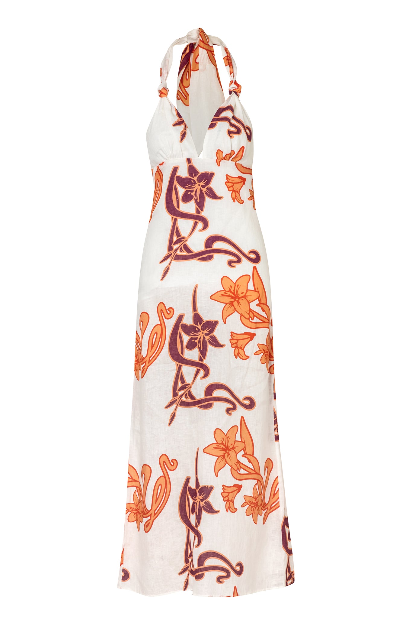 Veronique Linen Maxi Dress / White Lilies In Salmon And Violet