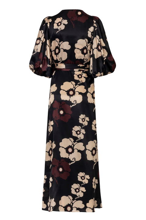Ermita Silk Midi Dress / Black Maxi Ivory Flowers