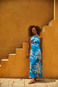 Costa del Sol Linen Maxi Dress / Turquoise Palms