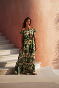 Julia Linen Maxi Dress / Emerald Green Maxi Ivory Flowers