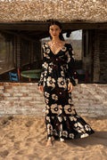 Feminine Mistique Silk Maxi Dress / Black Maxi Ivory Flowers